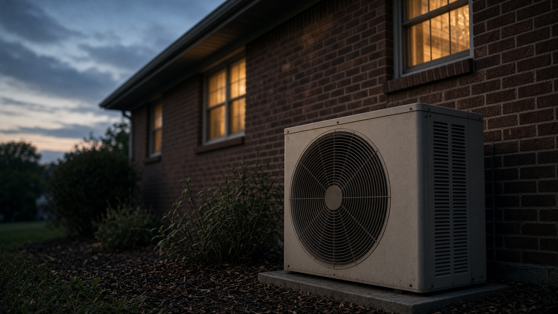 Outdoor air conditioner beside a Michigan house at dusk